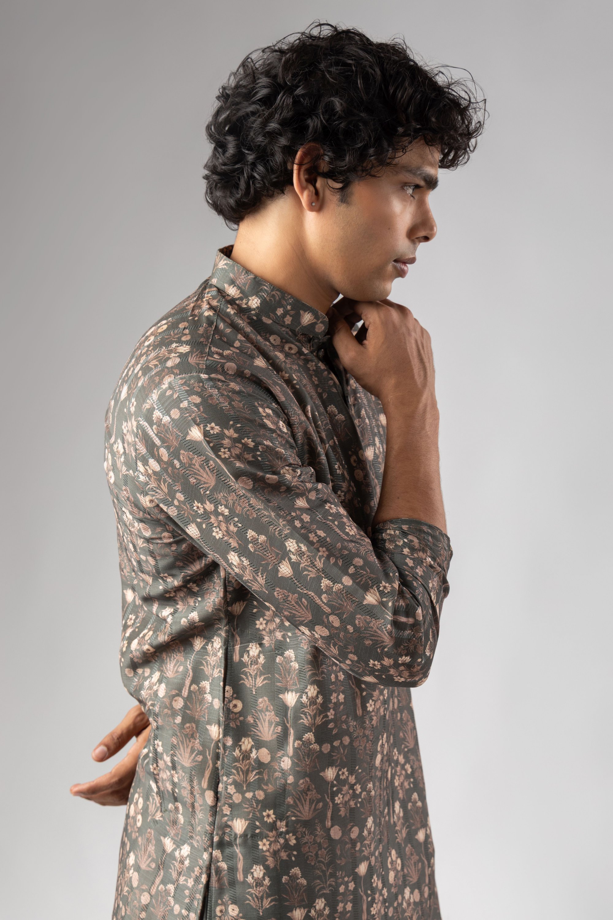 Grey Floral Woven Art Silk Kurta Pyjama