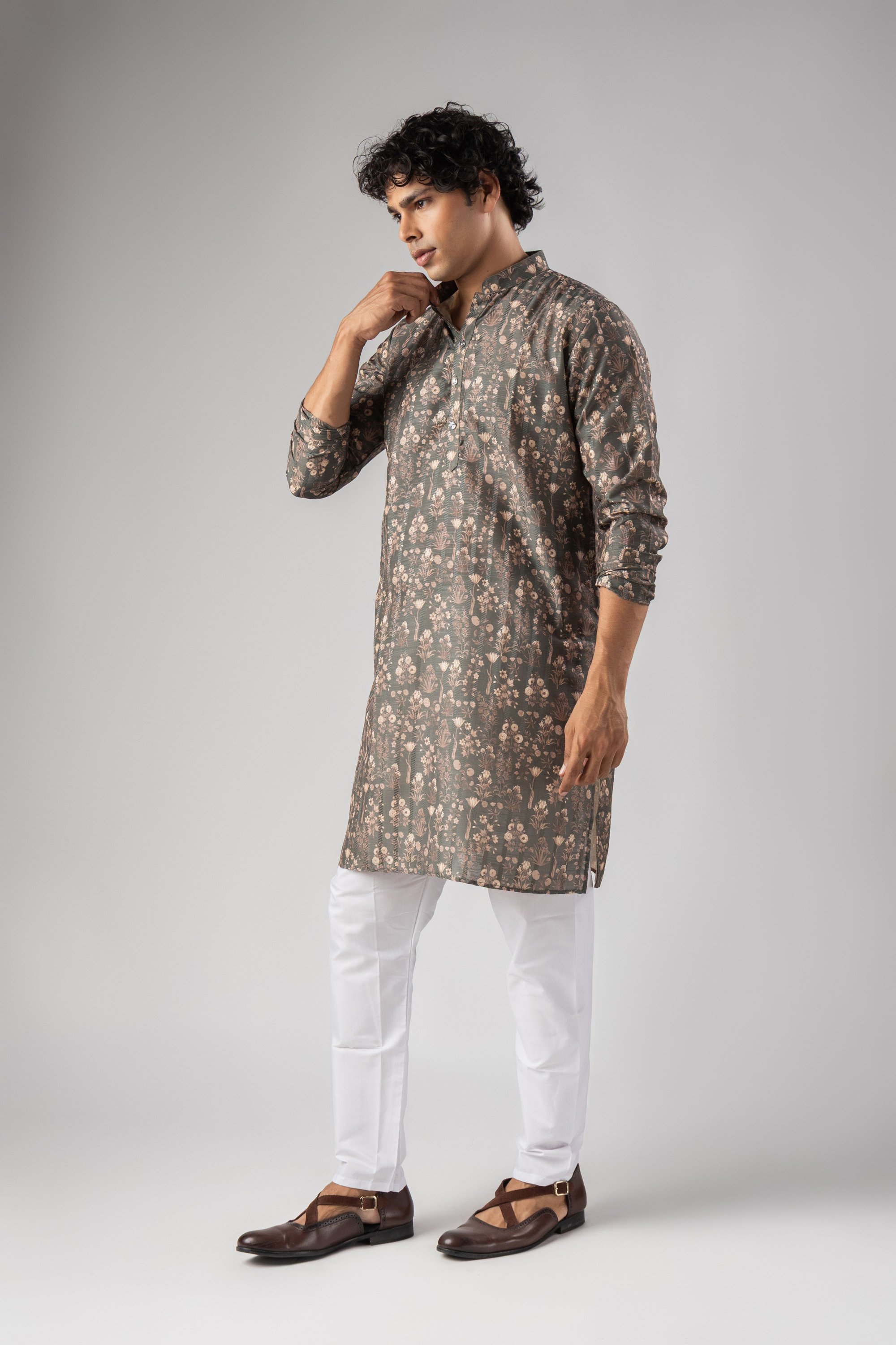 Grey Floral Woven Art Silk Kurta Pyjama