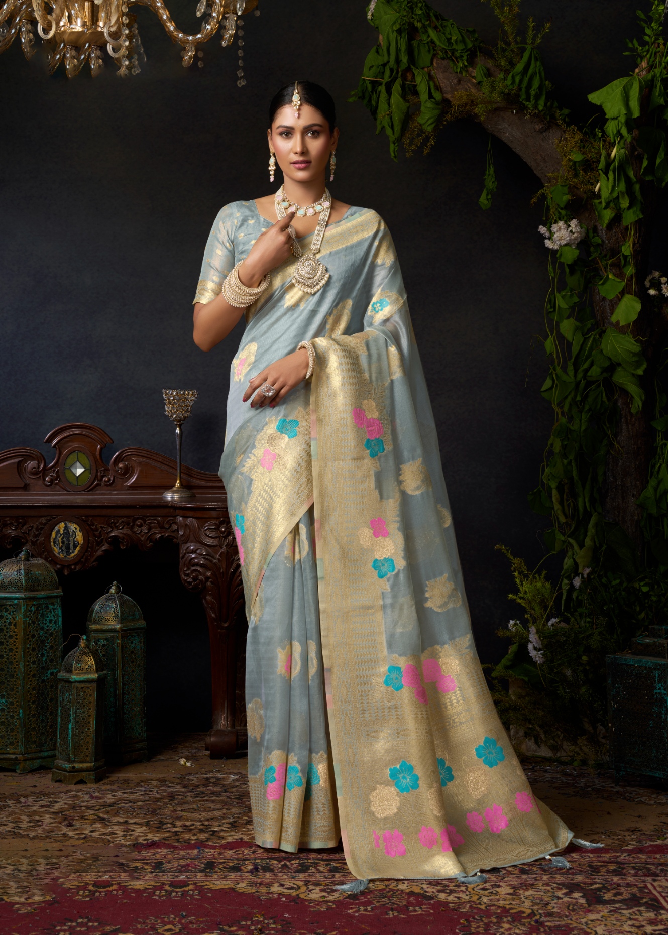 Grey Floral Woven Designer Organza Khadi Saree