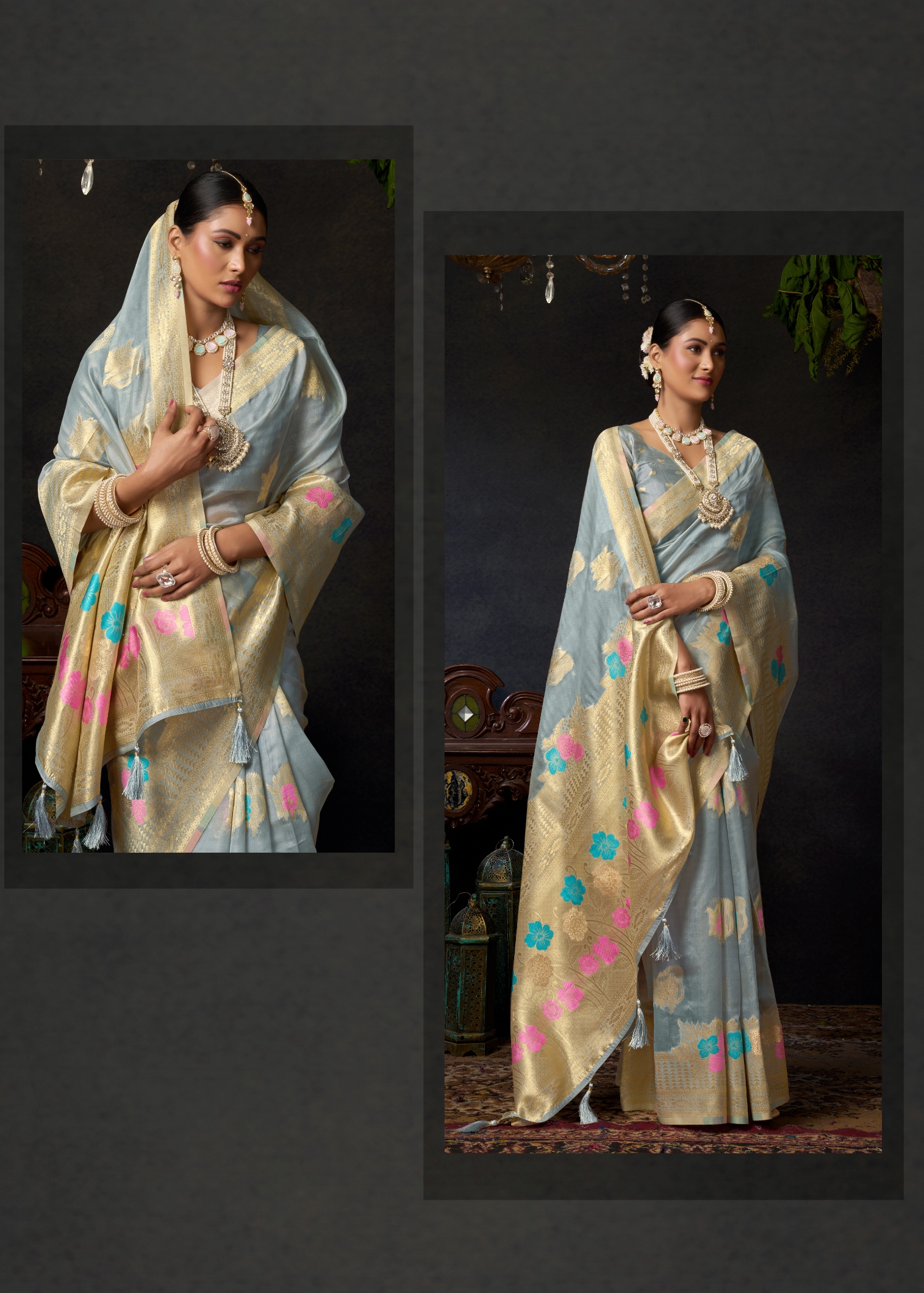 Grey Floral Woven Designer Organza Khadi Saree