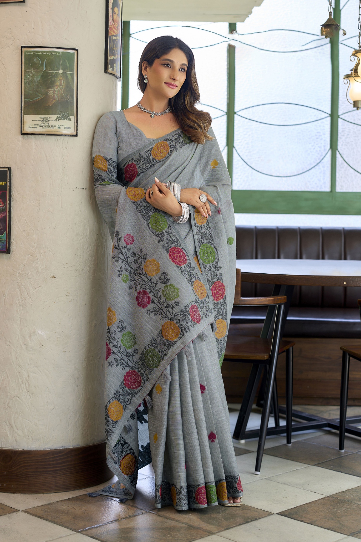 Grey Floral Woven Jacquard Handloom Linen Saree