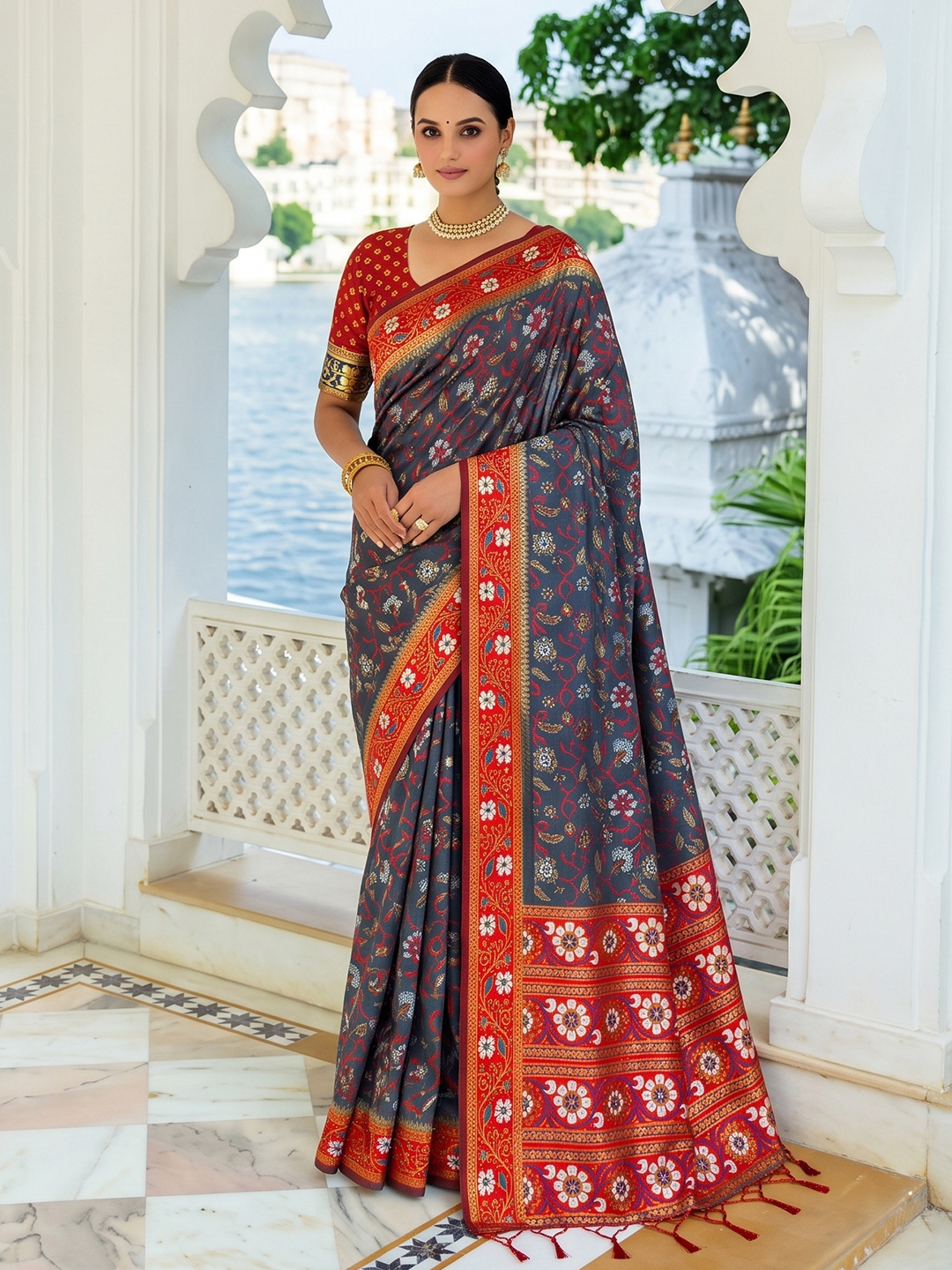 Grey Floral Woven Silk Saree