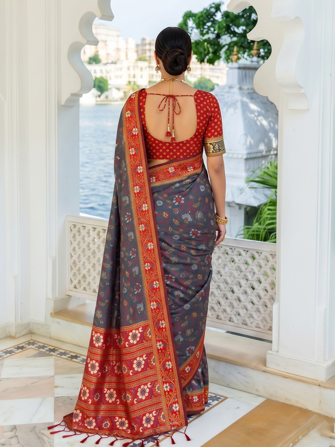 Grey Floral Woven Silk Saree — alternate view
