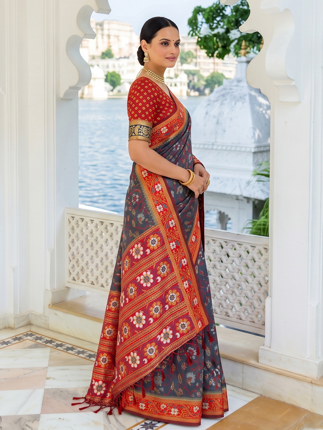 Grey Floral Woven Silk Saree