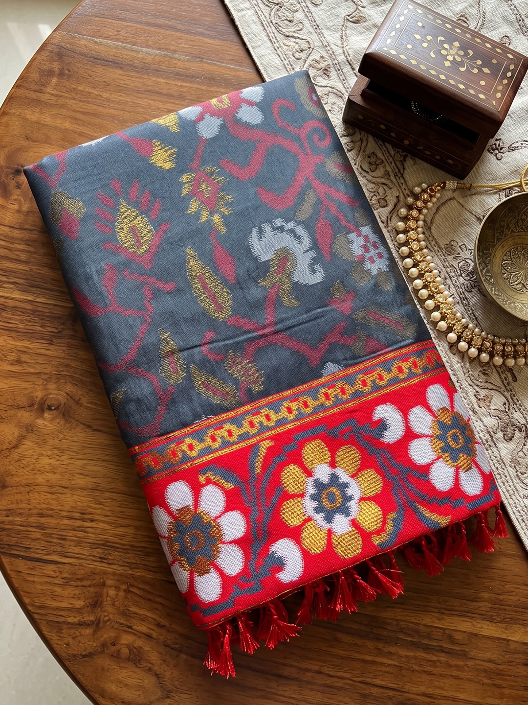 Grey Floral Woven Silk Saree