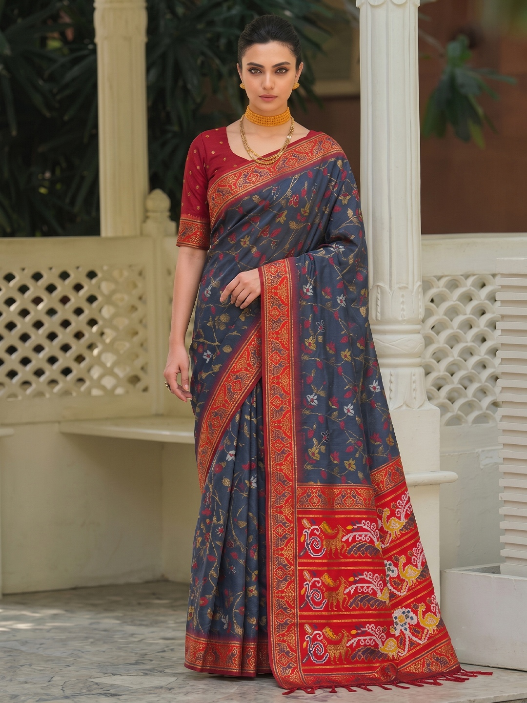 Grey Floral Woven Silk Saree