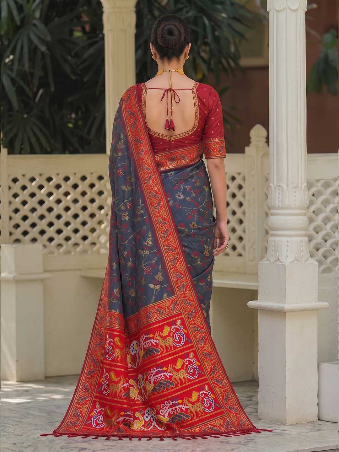 Grey Floral Woven Silk Saree — alternate view