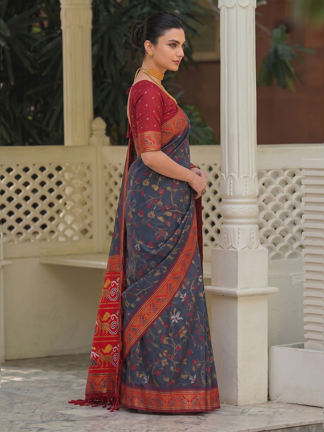 Grey Floral Woven Silk Saree
