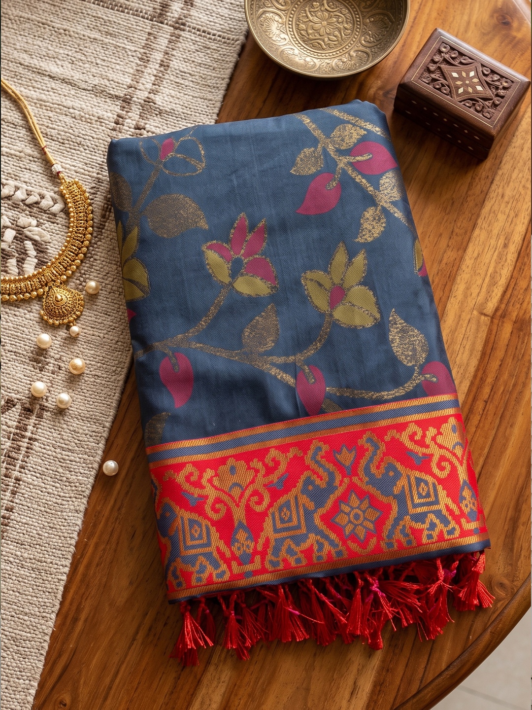 Grey Floral Woven Silk Saree