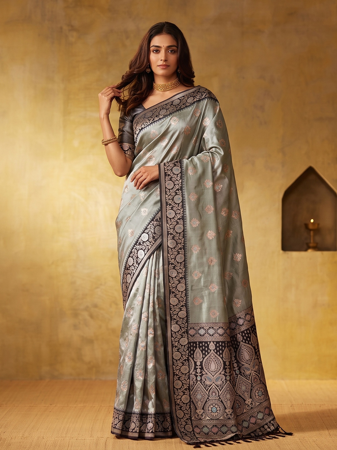 Grey Floral Woven Zari Silk Blend Saree
