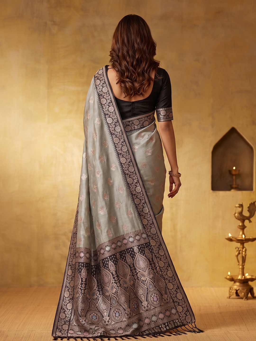 Grey Floral Woven Zari Silk Blend Saree — alternate view