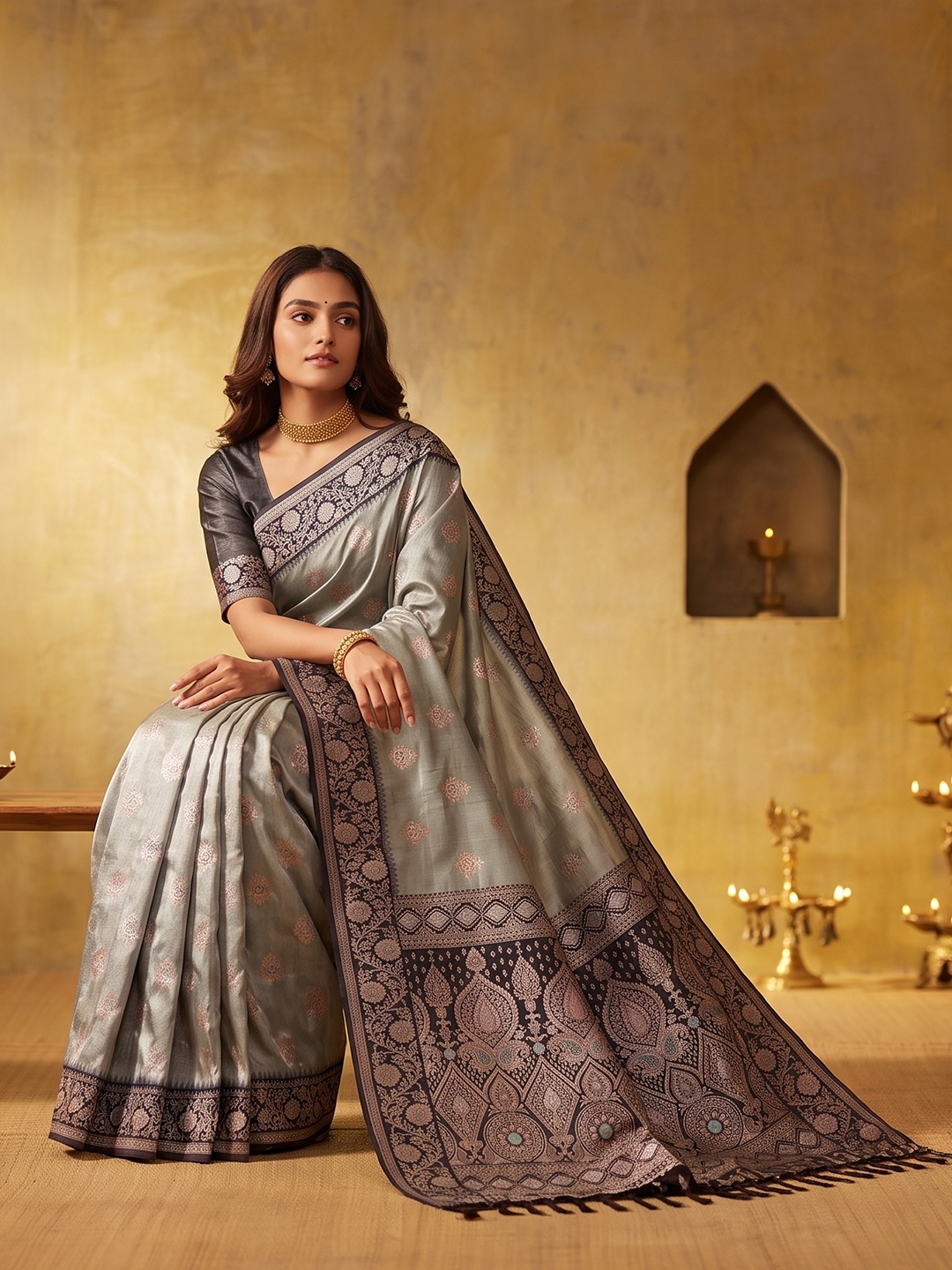 Grey Floral Woven Zari Silk Blend Saree