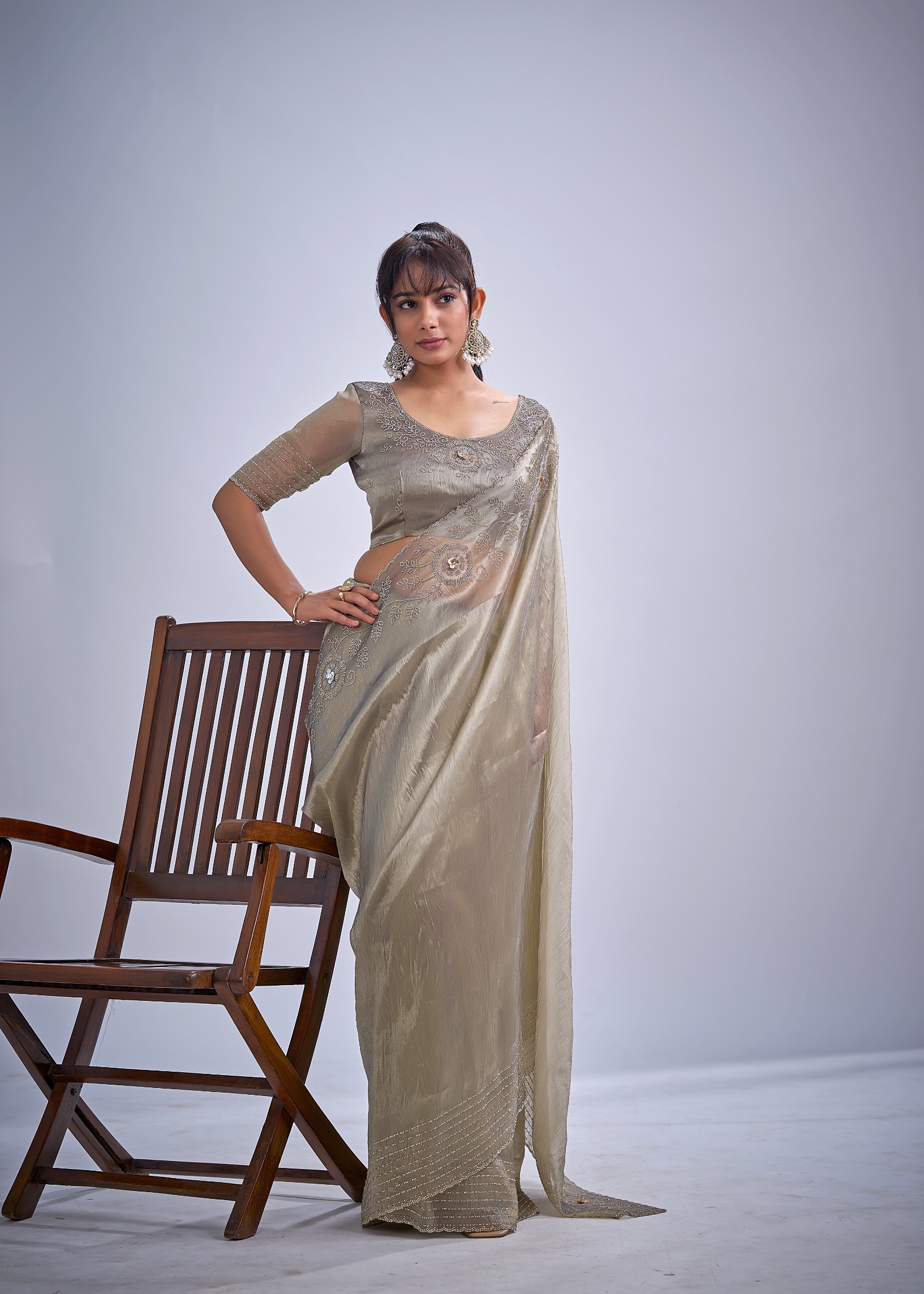 Grey Floral Zircon Kanjivaram Pure Silk Saree