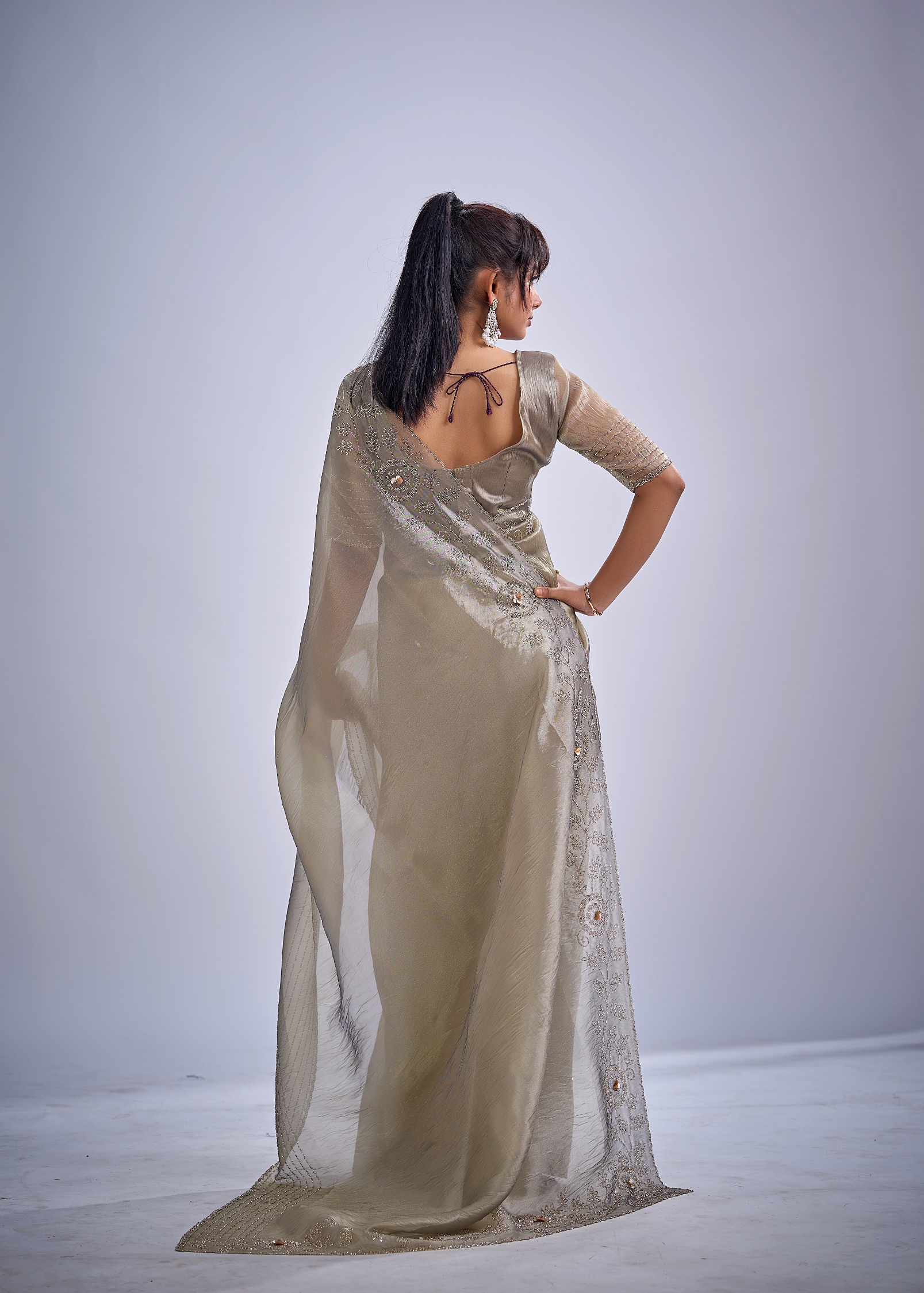 Grey Floral Zircon Kanjivaram Pure Silk Saree — alternate view