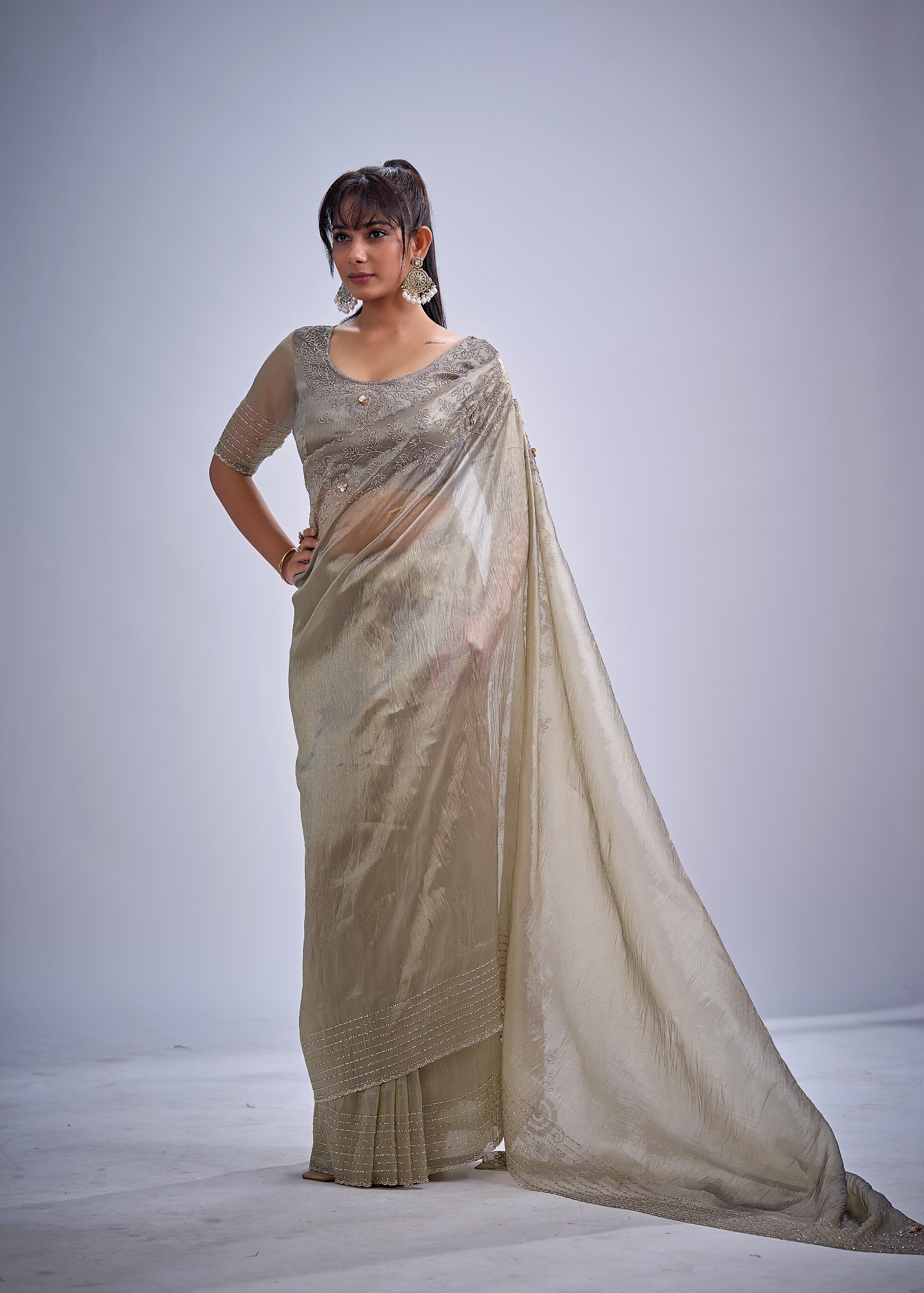 Grey Floral Zircon Kanjivaram Pure Silk Saree