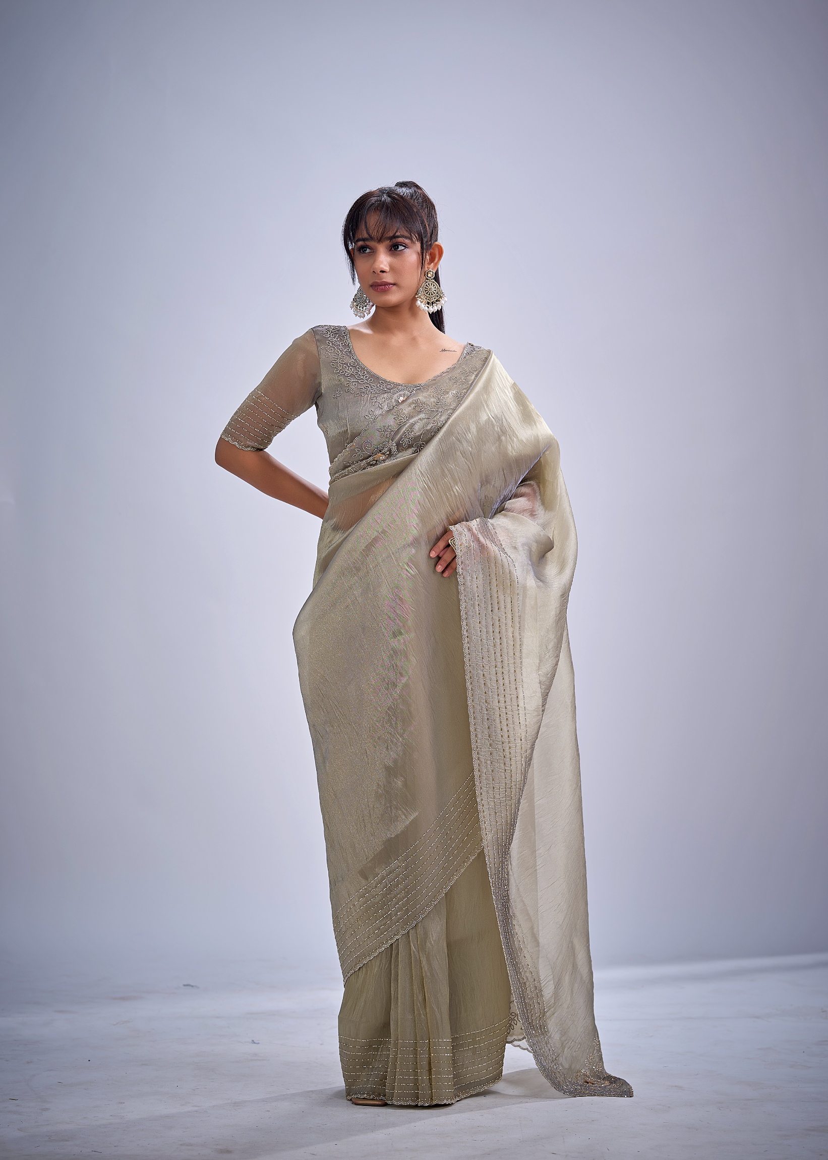 Grey Floral Zircon Kanjivaram Pure Silk Saree