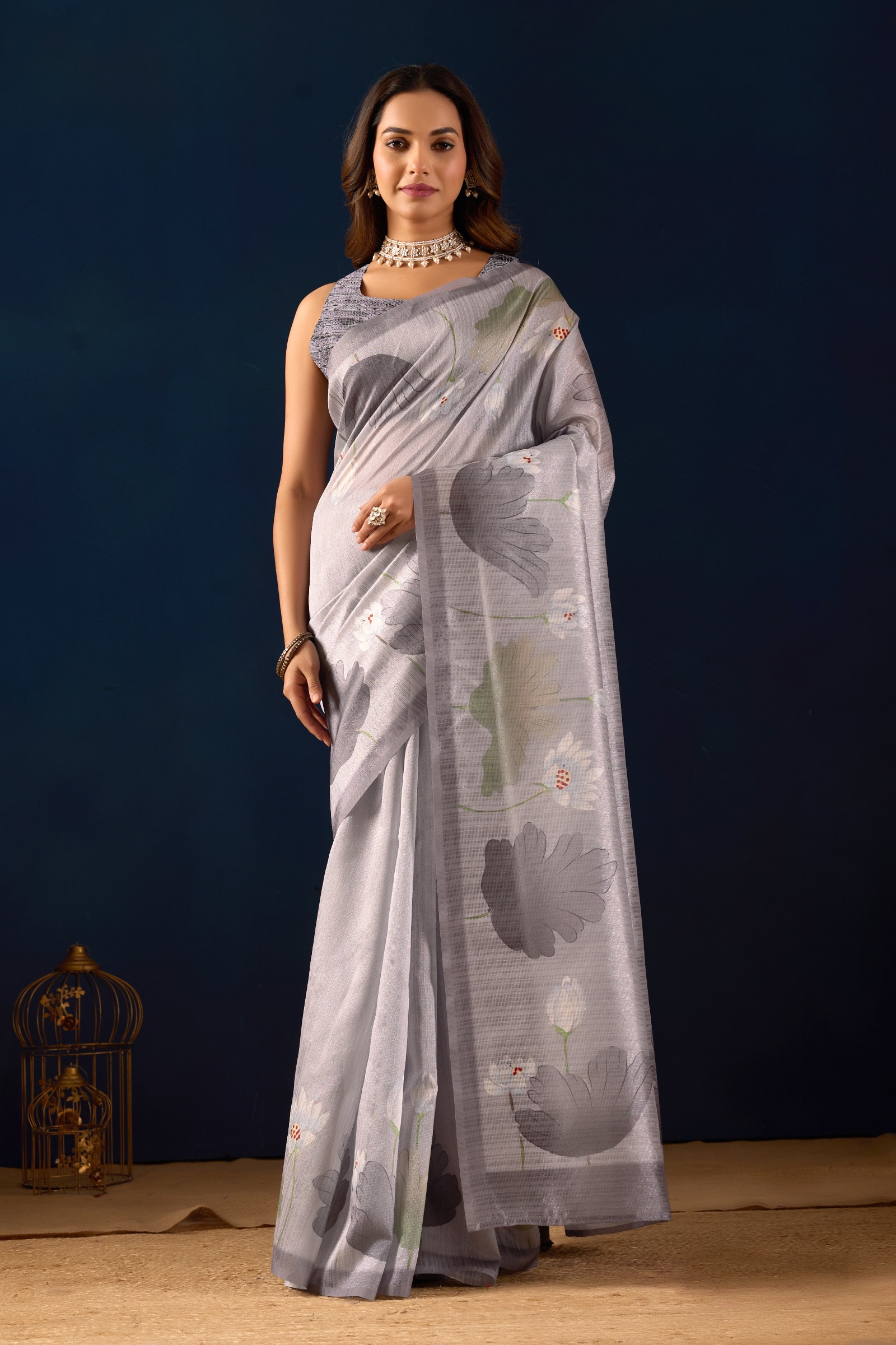 Grey Garden Floral Jute Silk Ready To Wear Saree