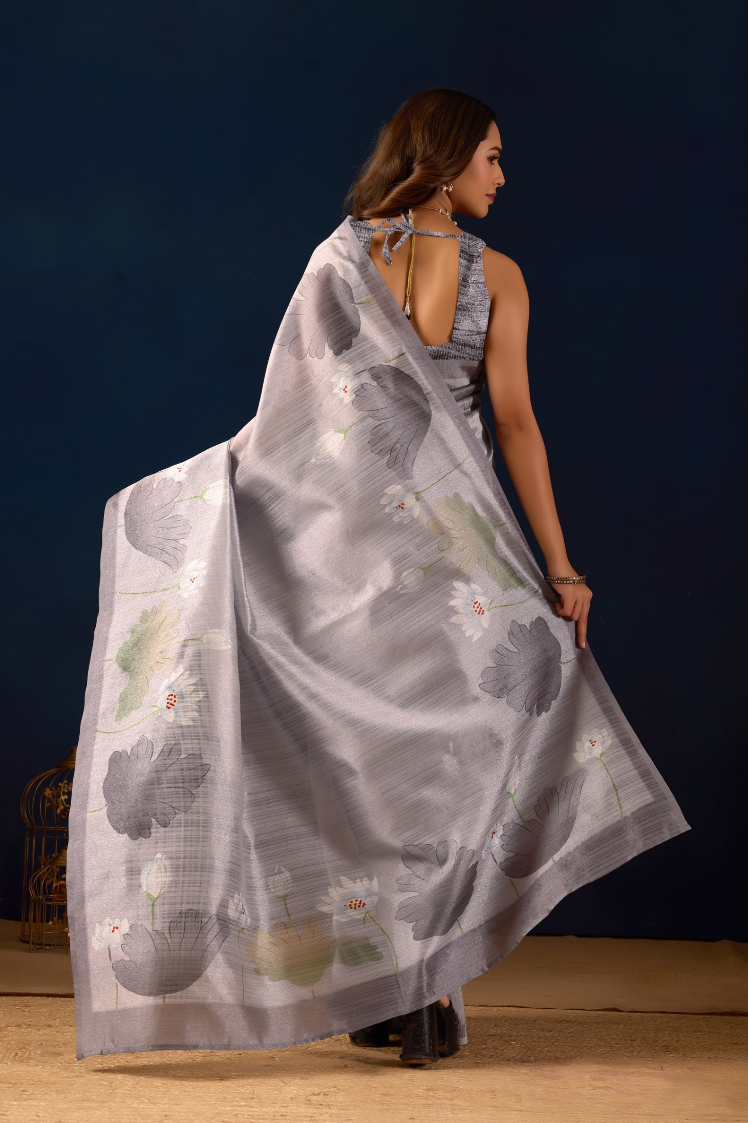 Grey Garden Floral Jute Silk Ready To Wear Saree — alternate view