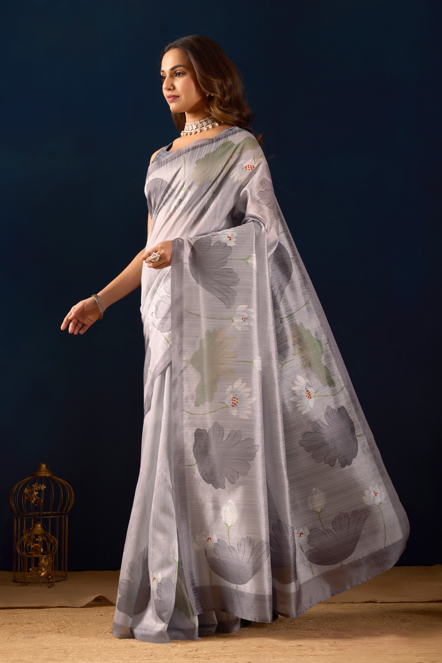 Grey Garden Floral Jute Silk Ready To Wear Saree