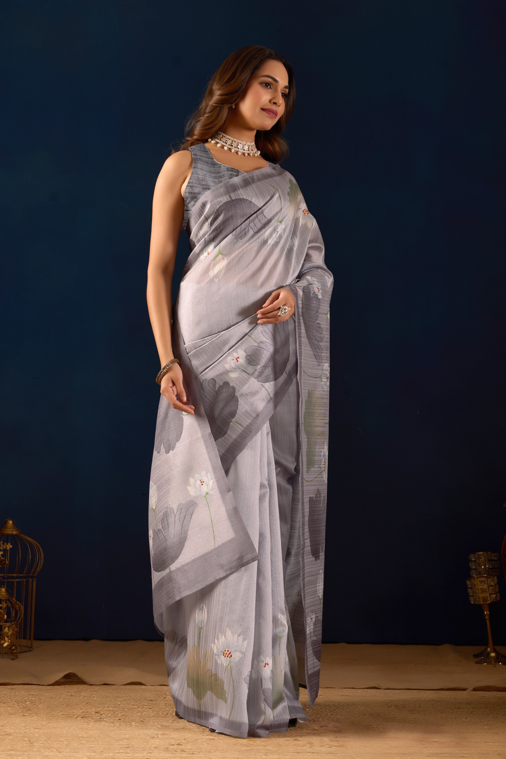 Grey Garden Floral Jute Silk Ready To Wear Saree