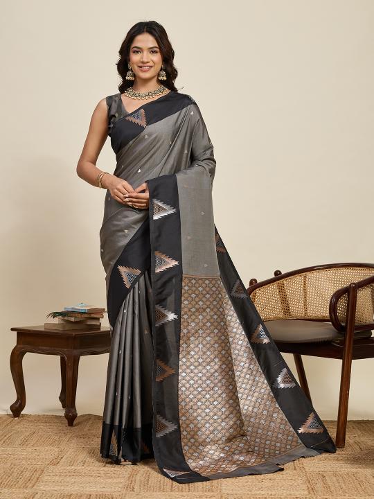 Grey Geometric Border Soft Silk Saree