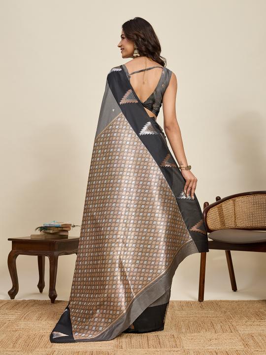 Grey Geometric Border Soft Silk Saree — alternate view