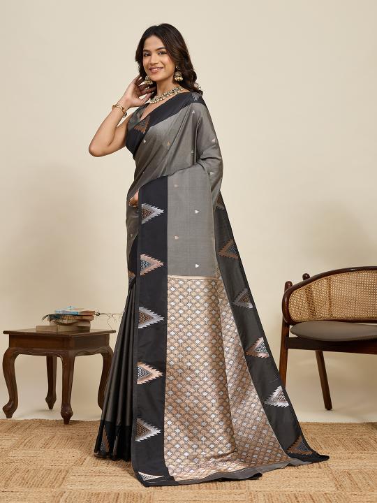 Grey Geometric Border Soft Silk Saree