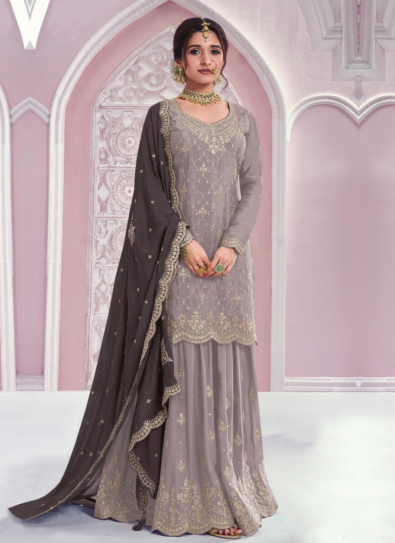 Grey Geometric Designer Embroidery Chinon Palazzo Suit