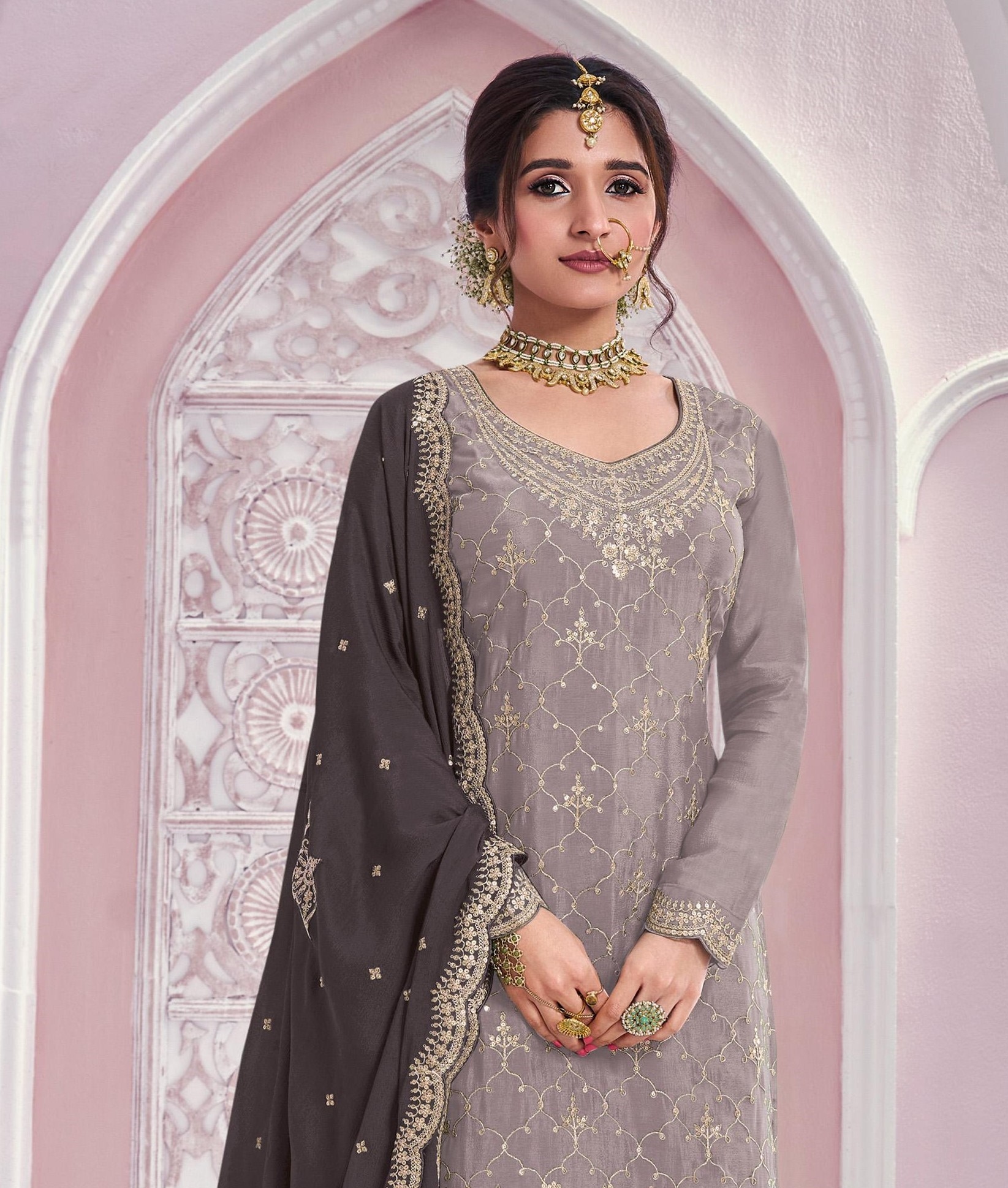 Grey Geometric Designer Embroidery Chinon Palazzo Suit — alternate view