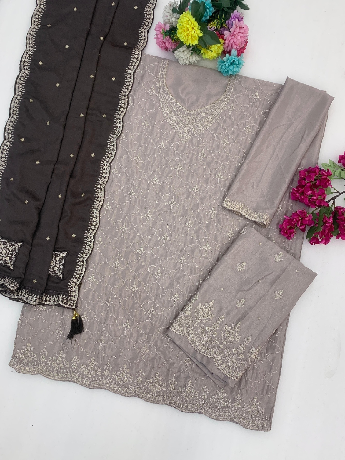 Grey Geometric Designer Embroidery Chinon Palazzo Suit