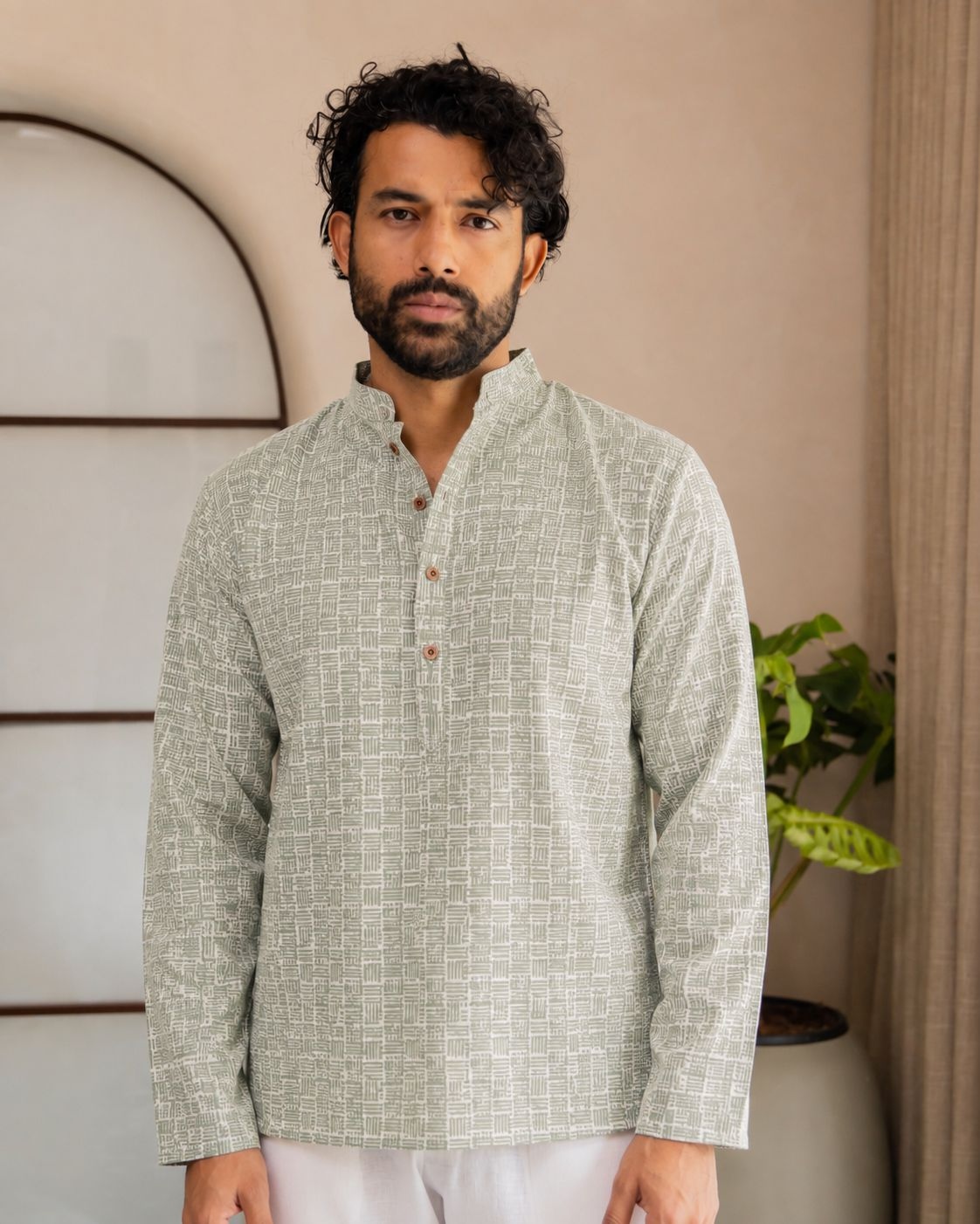 Grey Geometric Designer Printed Linen Short Kurta