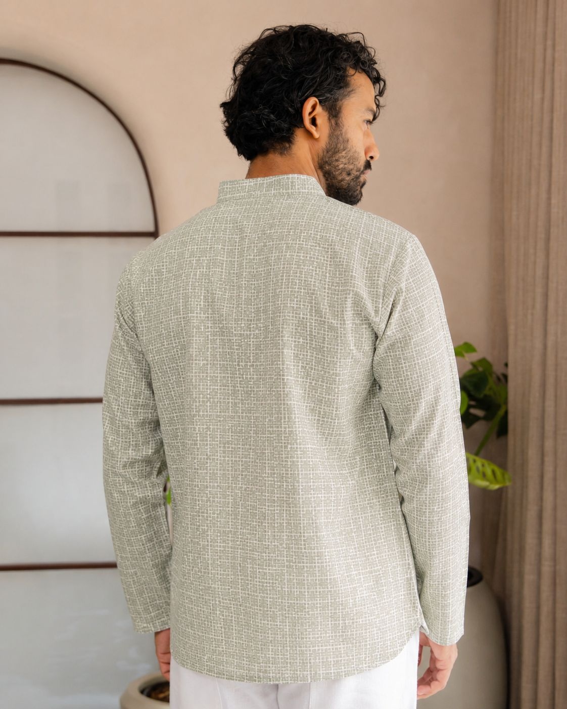 Grey Geometric Designer Printed Linen Short Kurta — alternate view