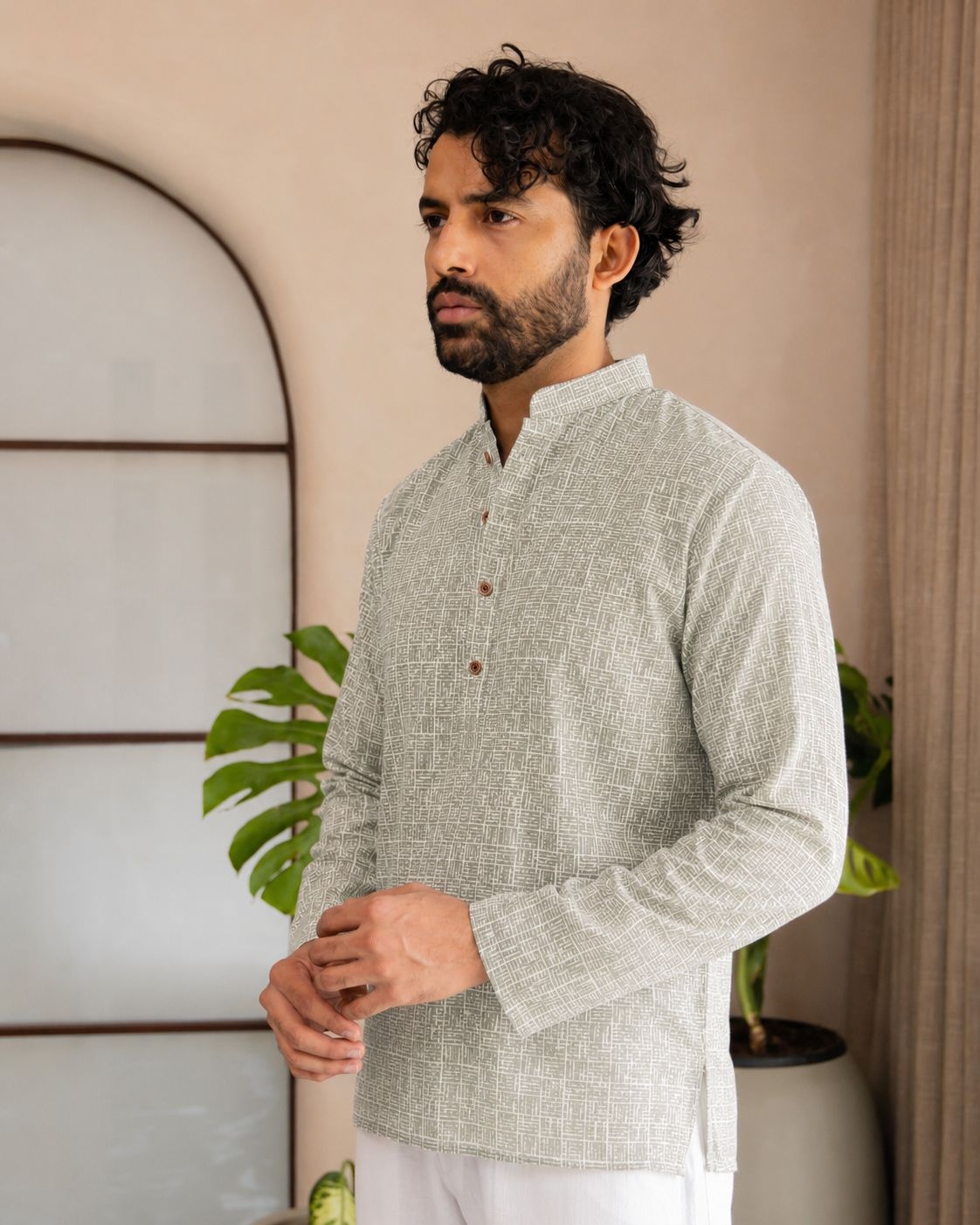 Grey Geometric Designer Printed Linen Short Kurta