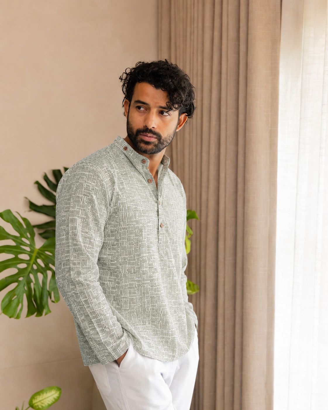 Grey Geometric Designer Printed Linen Short Kurta