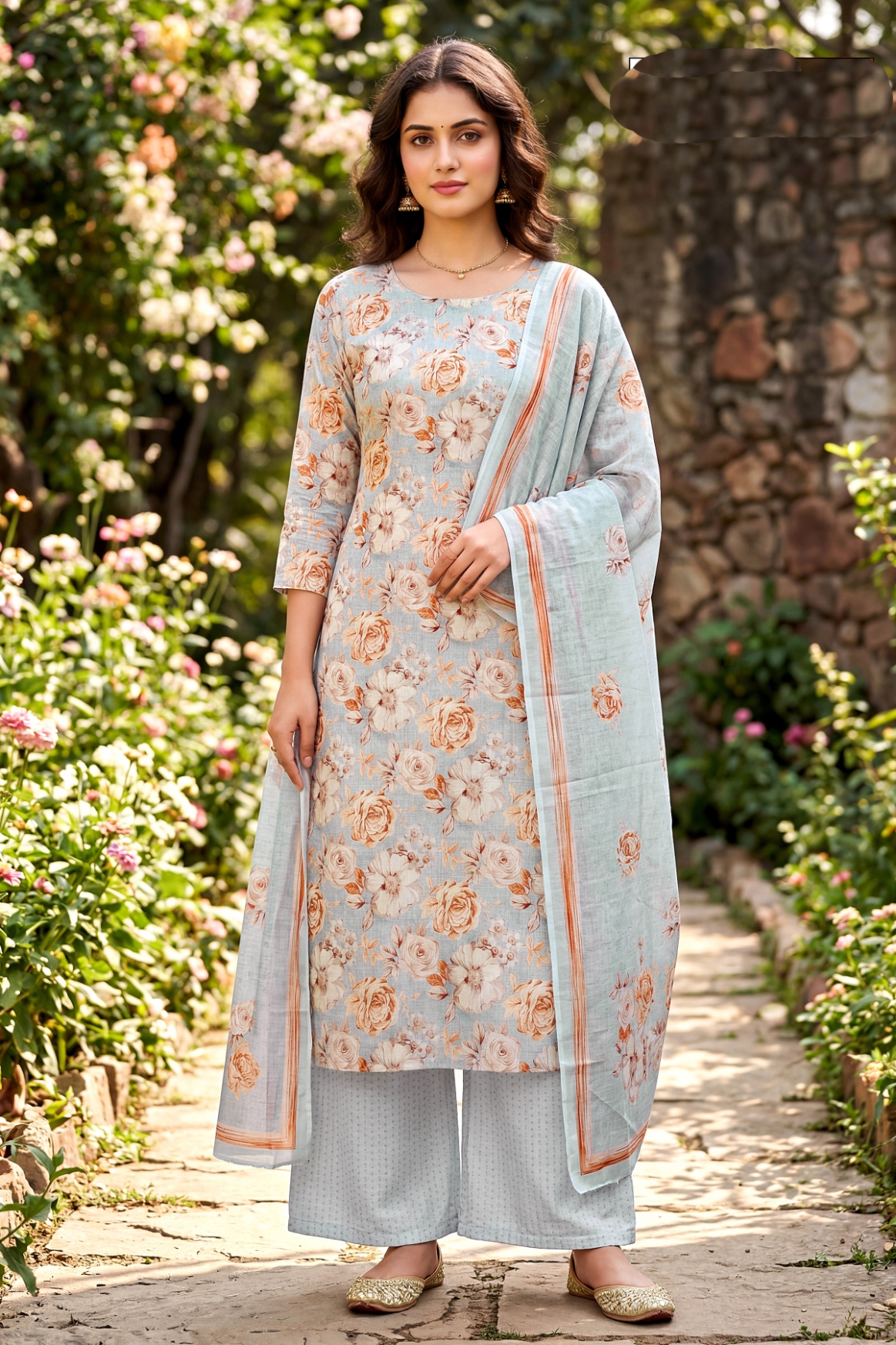 Grey Geometric Digital Cambric A-Line Salwar Suit