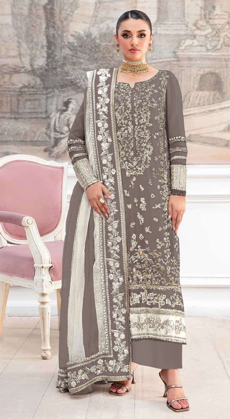 Grey Geometric Embroidered Crunchy Silk Salwar Suit