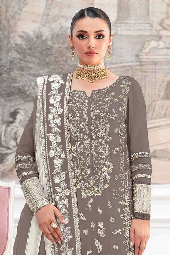 Grey Geometric Embroidered Crunchy Silk Salwar Suit — alternate view