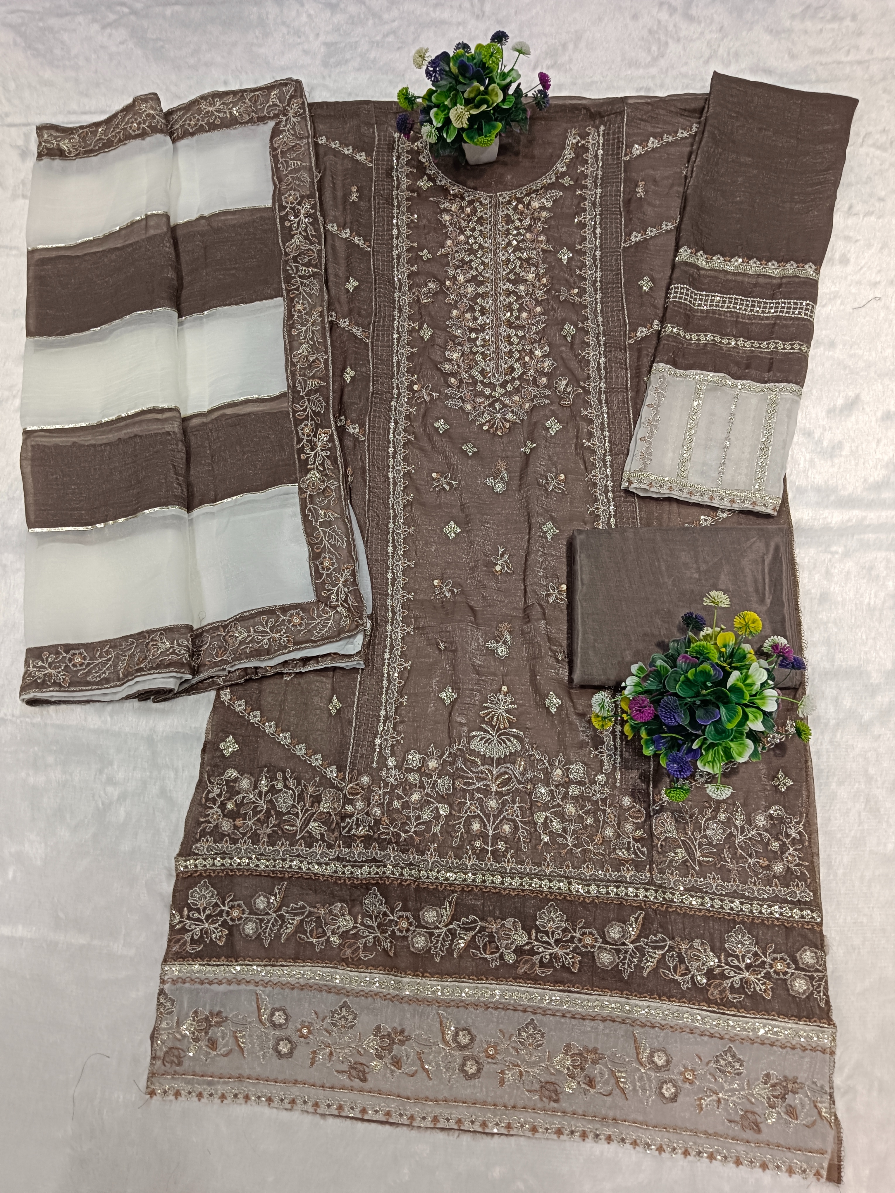 Grey Geometric Embroidered Crunchy Silk Salwar Suit