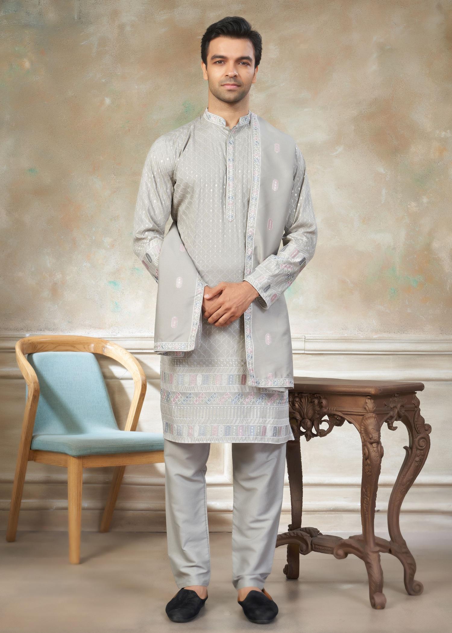 Grey Geometric Embroidered Silk Kurta Pyjama