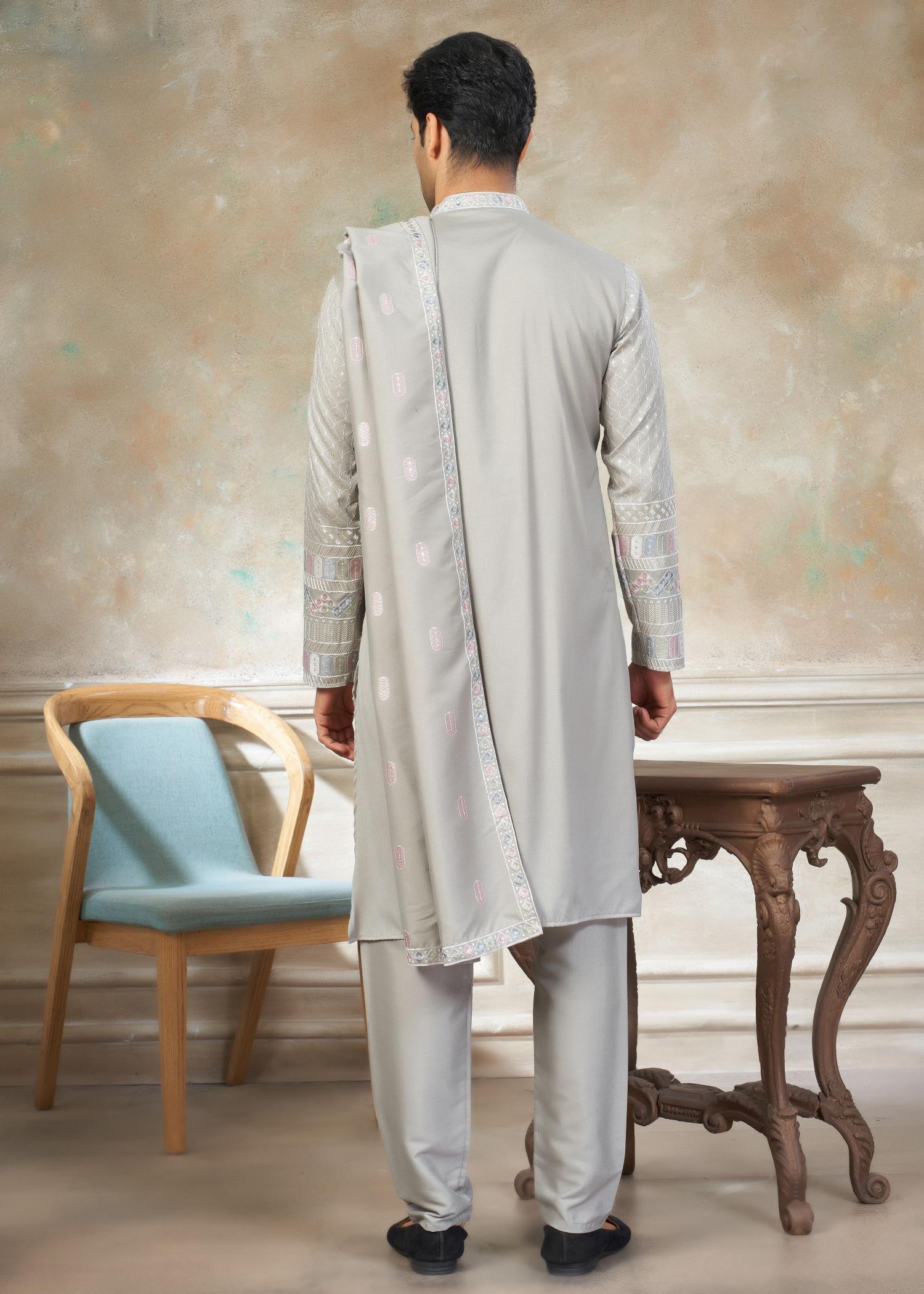 Grey Geometric Embroidered Silk Kurta Pyjama — alternate view