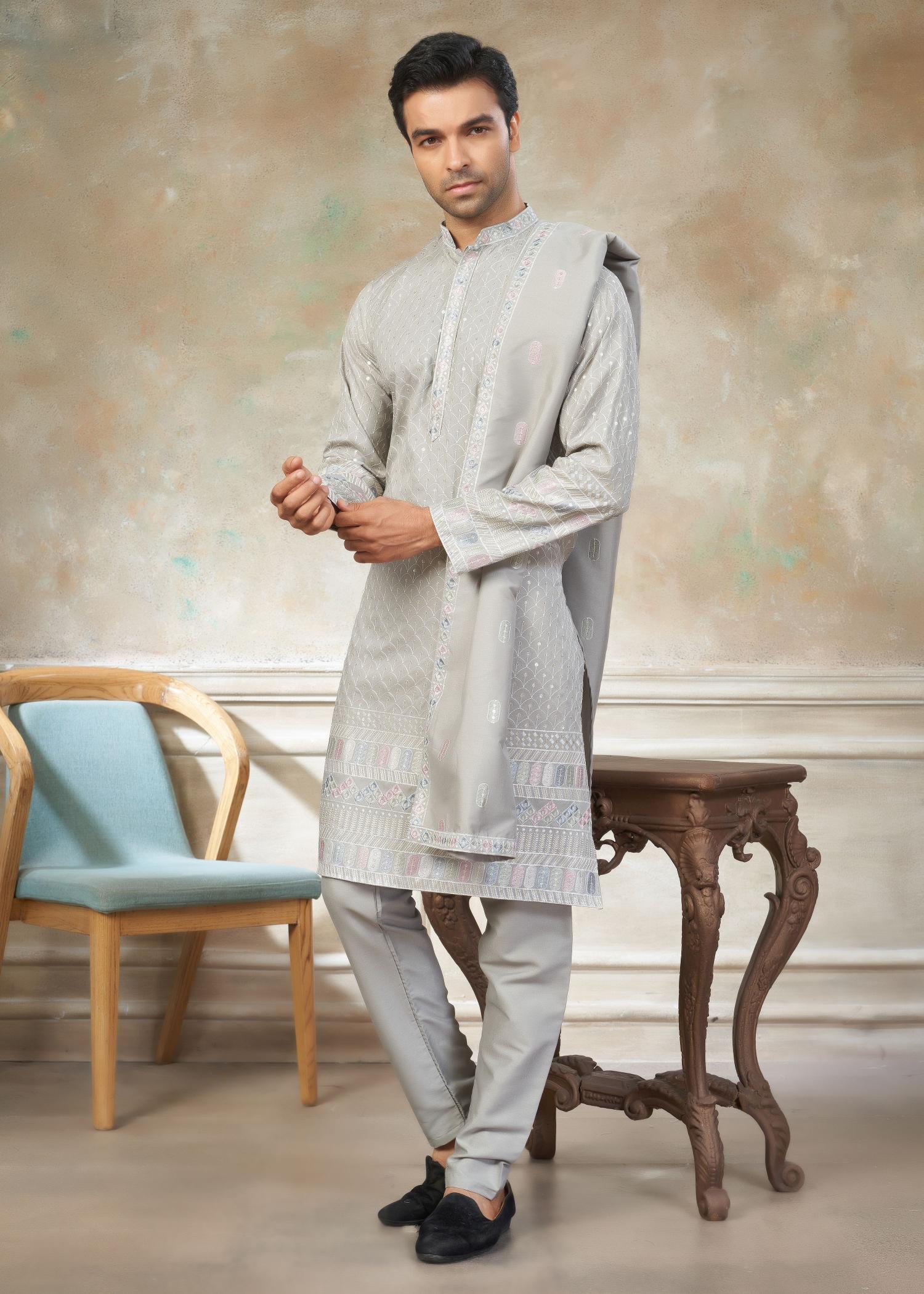 Grey Geometric Embroidered Silk Kurta Pyjama