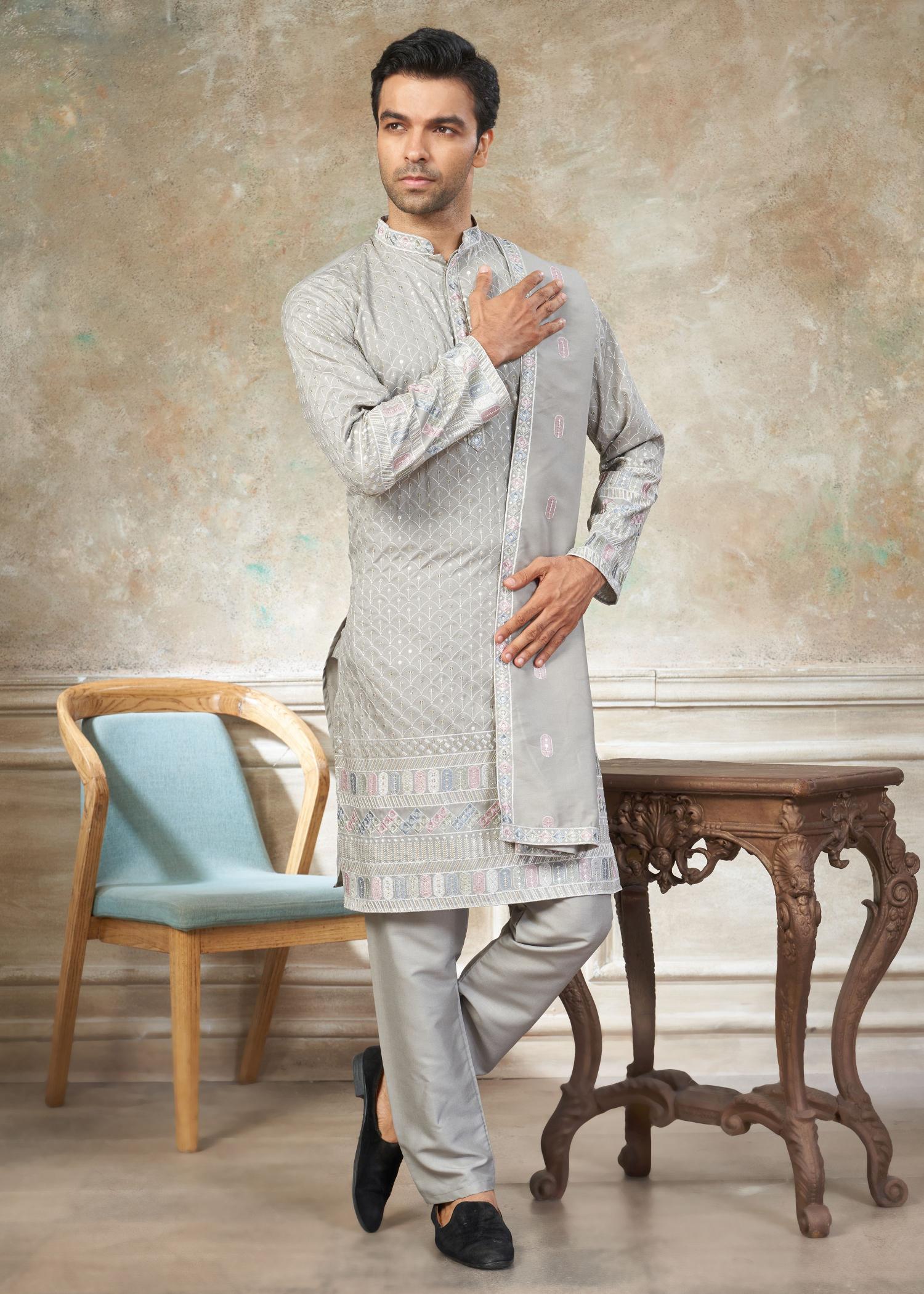 Grey Geometric Embroidered Silk Kurta Pyjama