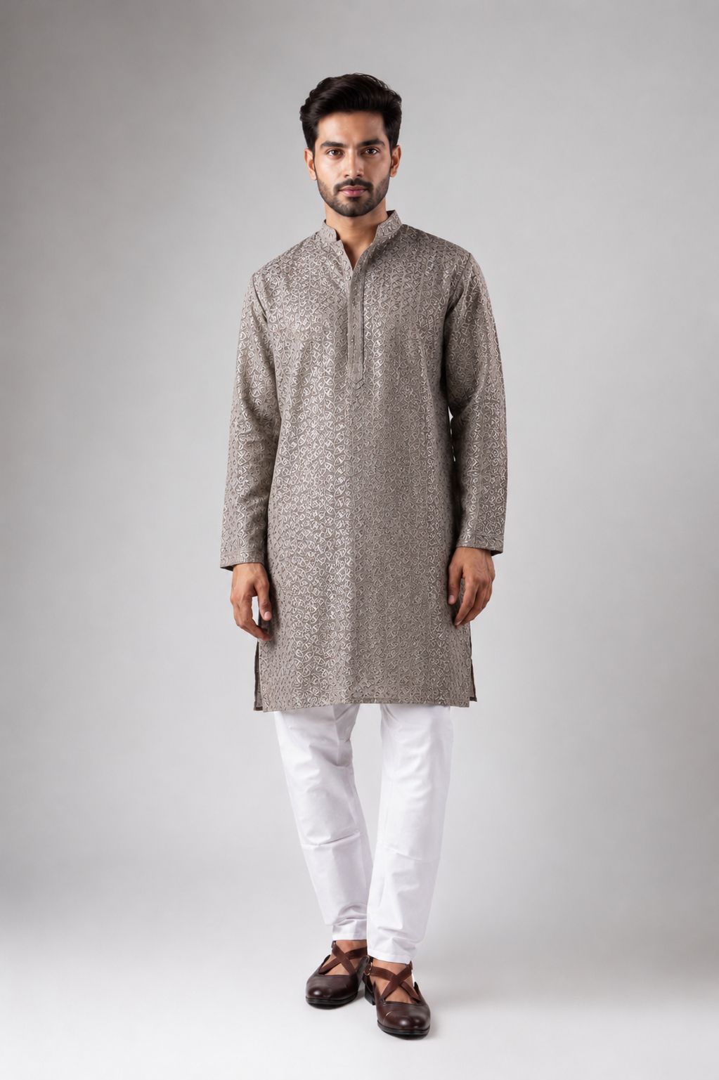 Grey Geometric Embroidery Rayon Kurta Pyjama