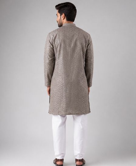 Grey Geometric Embroidery Rayon Kurta Pyjama — alternate view