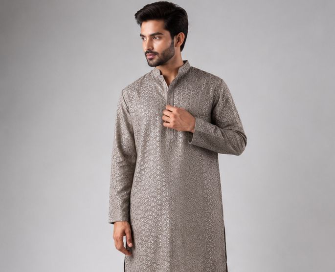 Grey Geometric Embroidery Rayon Kurta Pyjama