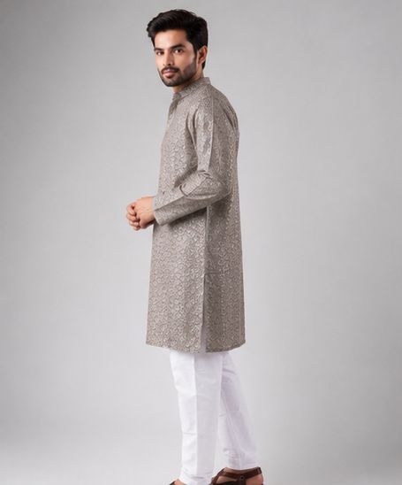 Grey Geometric Embroidery Rayon Kurta Pyjama