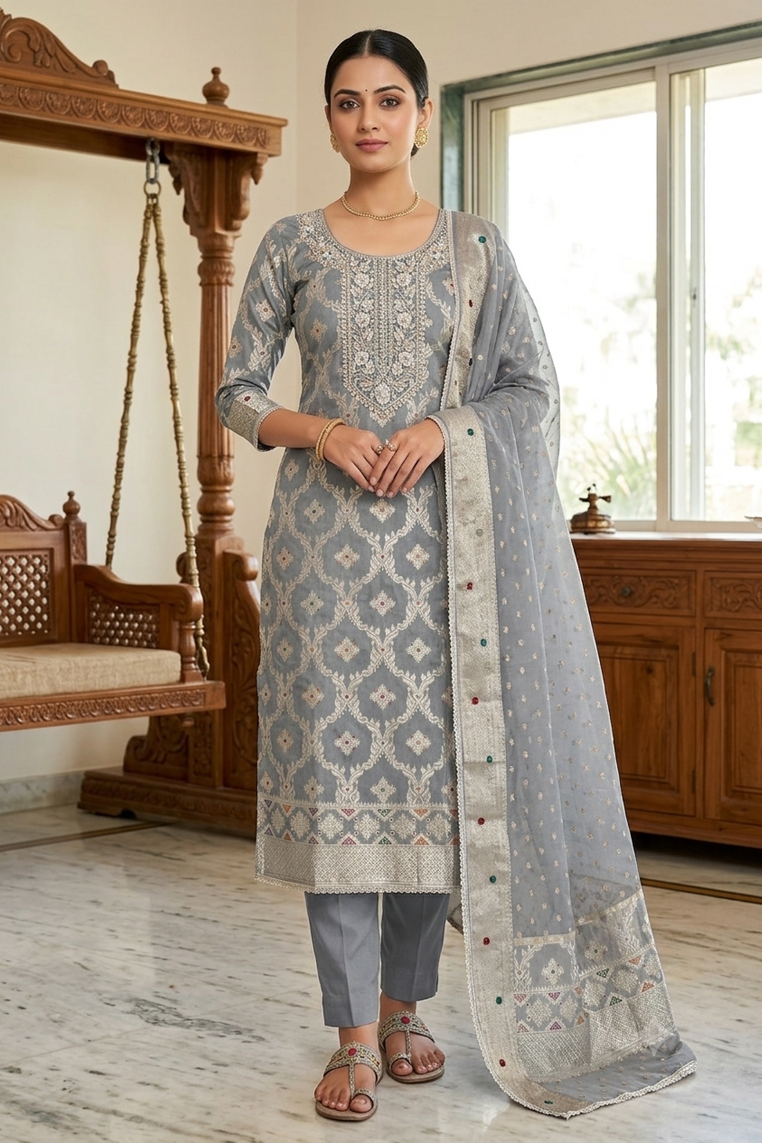 Grey Geometric Handwork Banarasi Cotton Straight Suit
