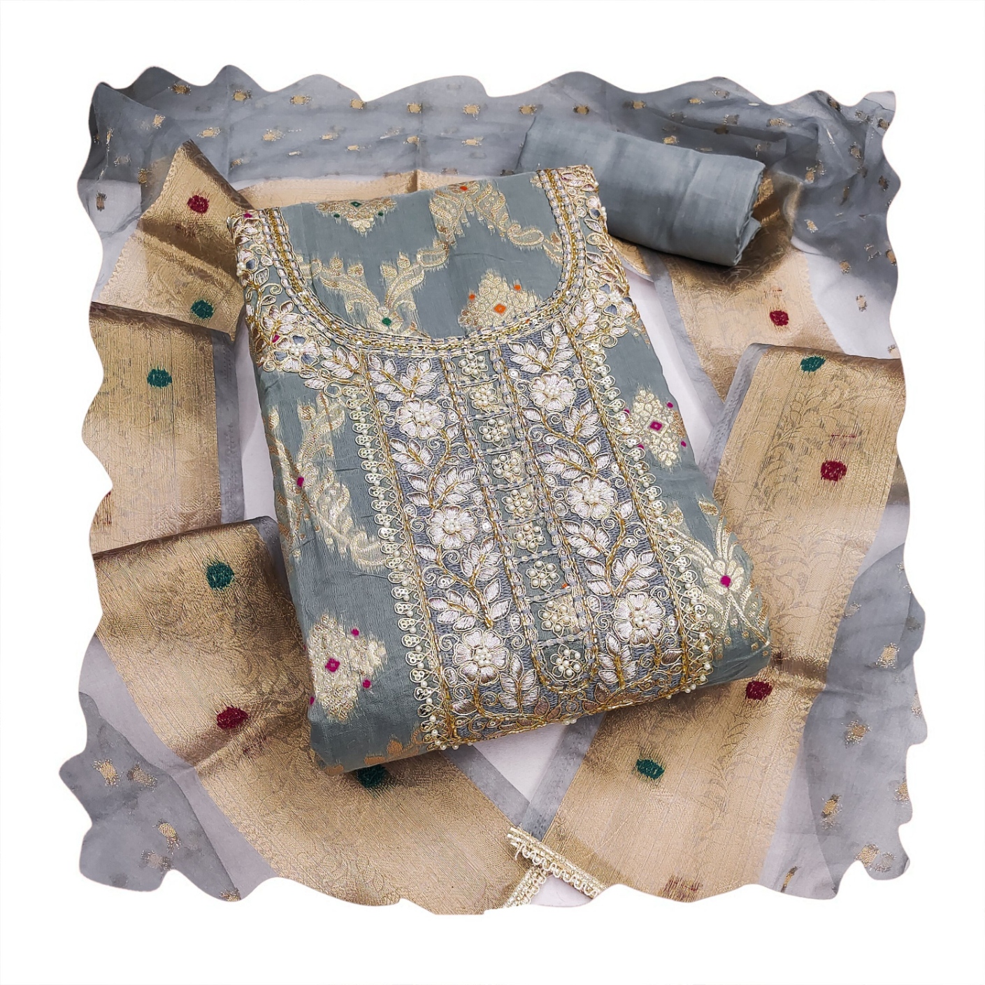 Grey Geometric Handwork Banarasi Cotton Straight Suit — alternate view