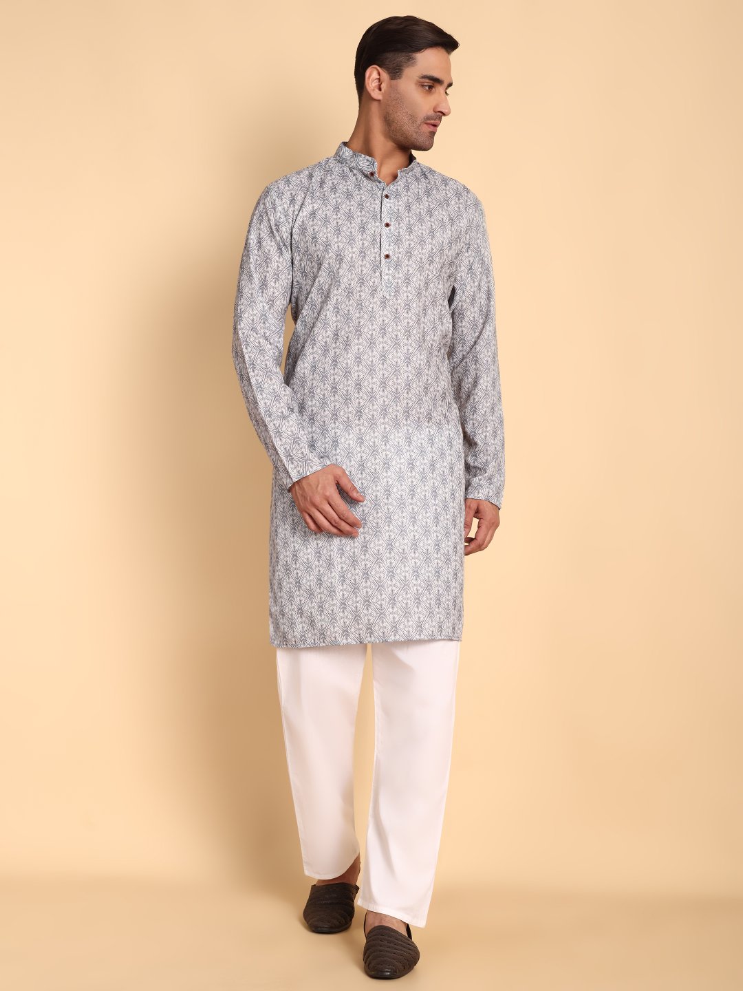 Grey Geometric Printed Cotton Kurta Pyjama