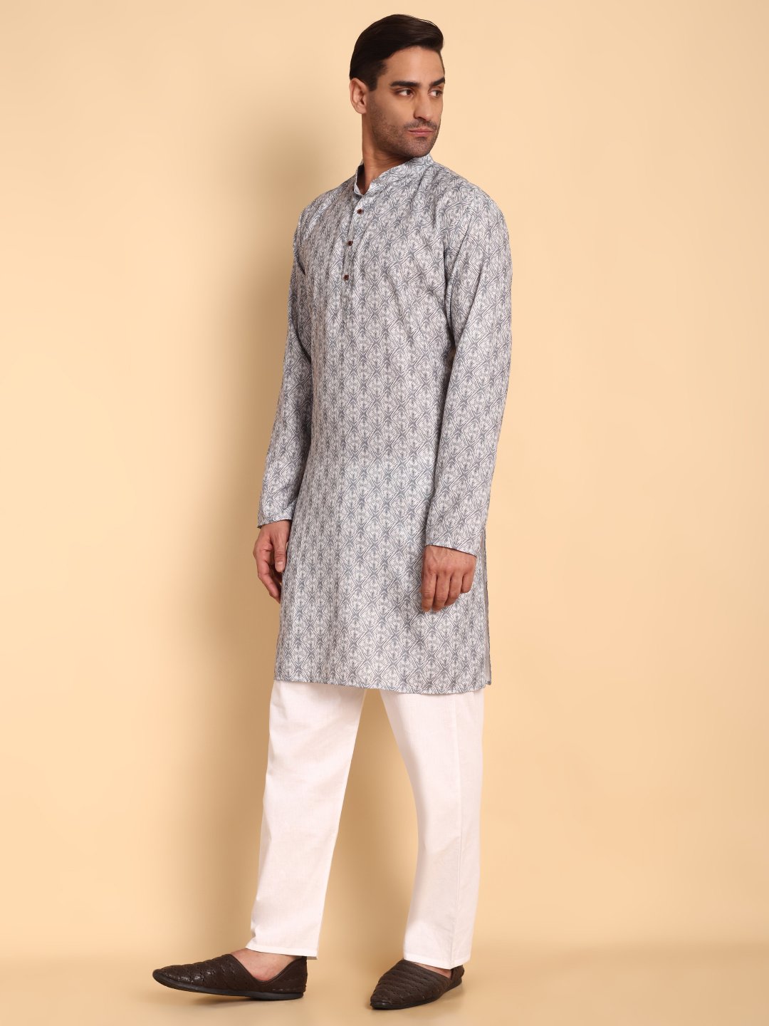 Grey Geometric Printed Cotton Kurta Pyjama
